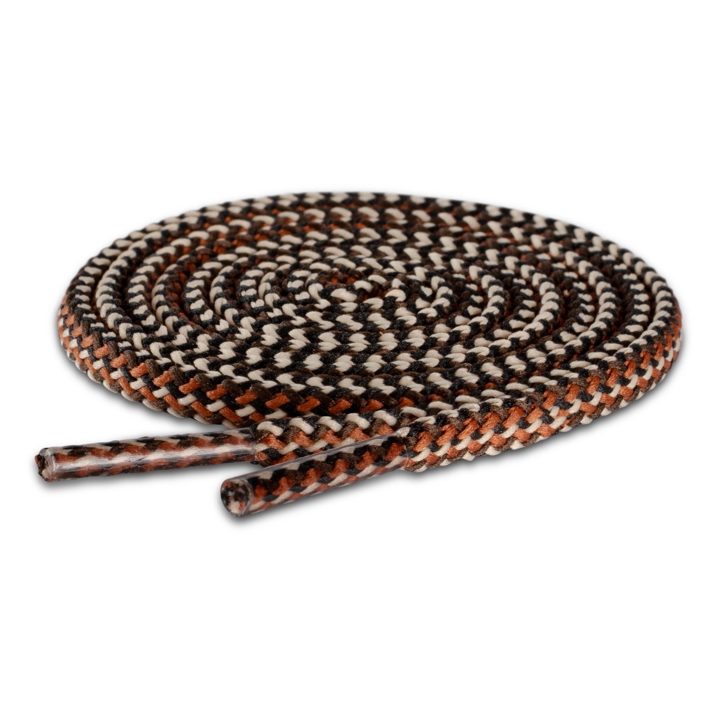 The shoelace is coiled on a white background, with a woven pattern of black, white, and brown colors.
