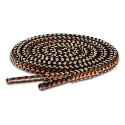 The shoelace is coiled on a white background, with a woven pattern of black, white, and brown colors.