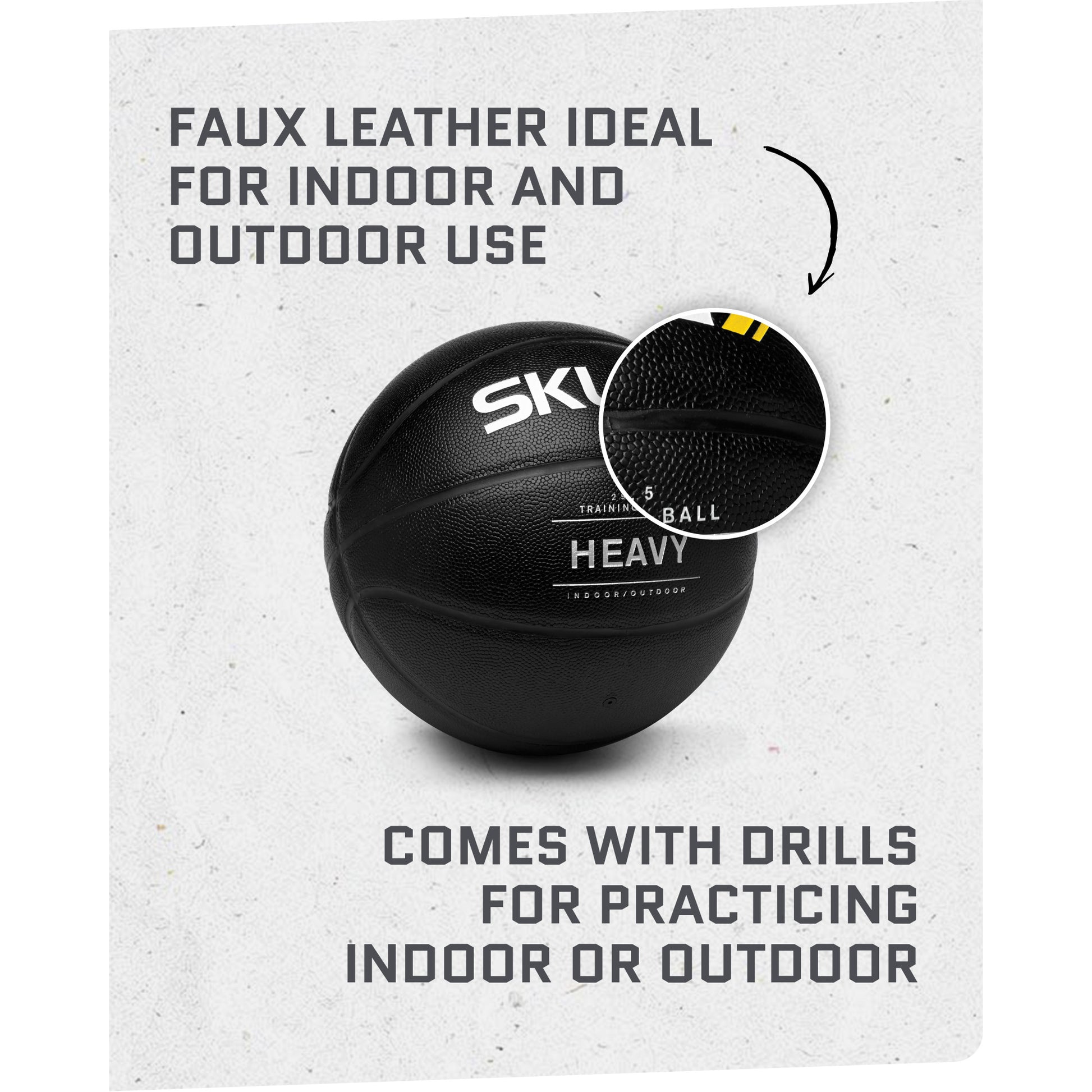 Faux leather ball is shown with text indicating indoor and outdoor use and drills for practice
