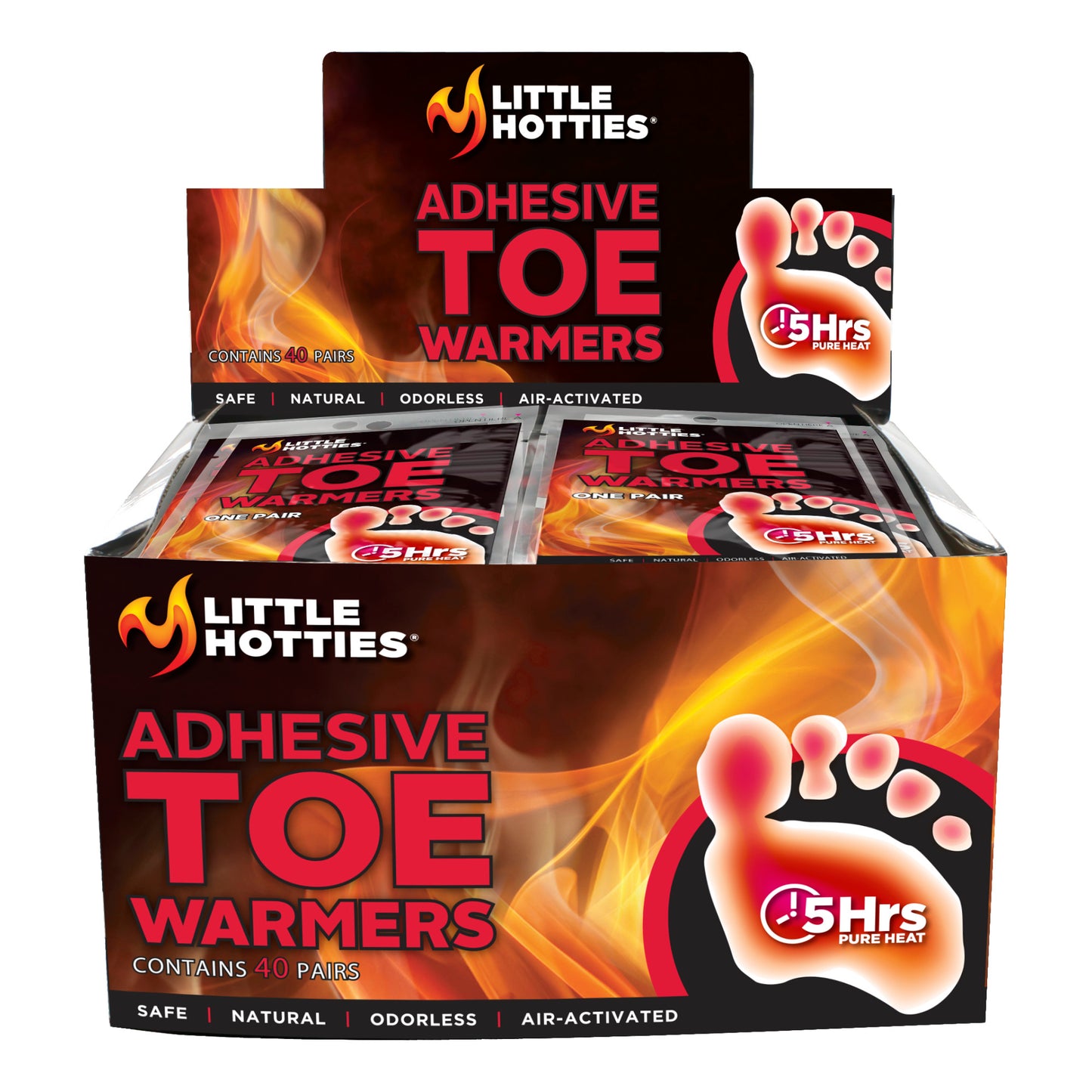 Packages of adhesive toe warmers emitting heat for foot comfort in packaging.
