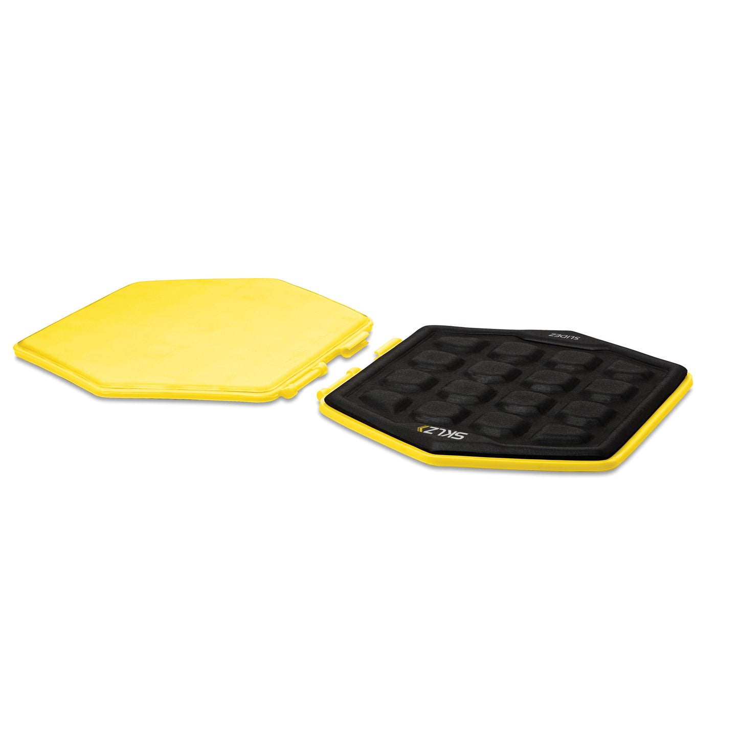 A black and yellow step platform with a black textured surface for aerobic exercises lies on a white background