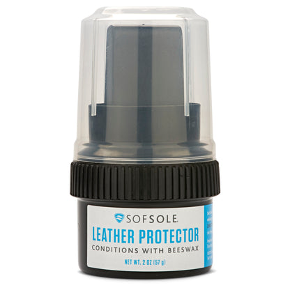 Leather protector container sprays beeswax conditioner onto leather surfaces in a bottle.