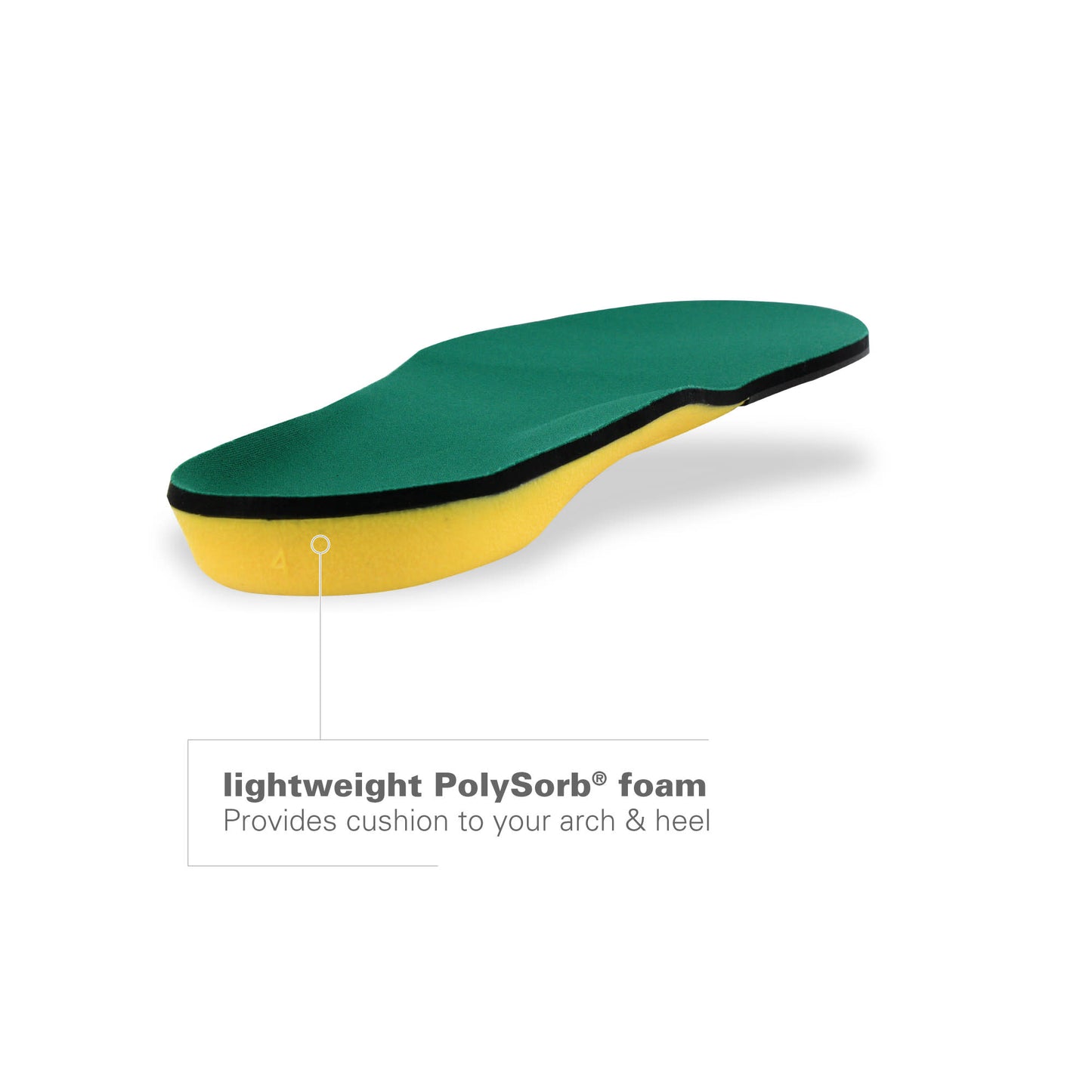 Foam insole offers cushioning for the arch and heel in a shoe or orthotic insert.