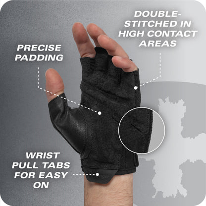 A gloved hand demonstrates a fingerless glove with padding in high contact areas and pull tabs for easy wear.