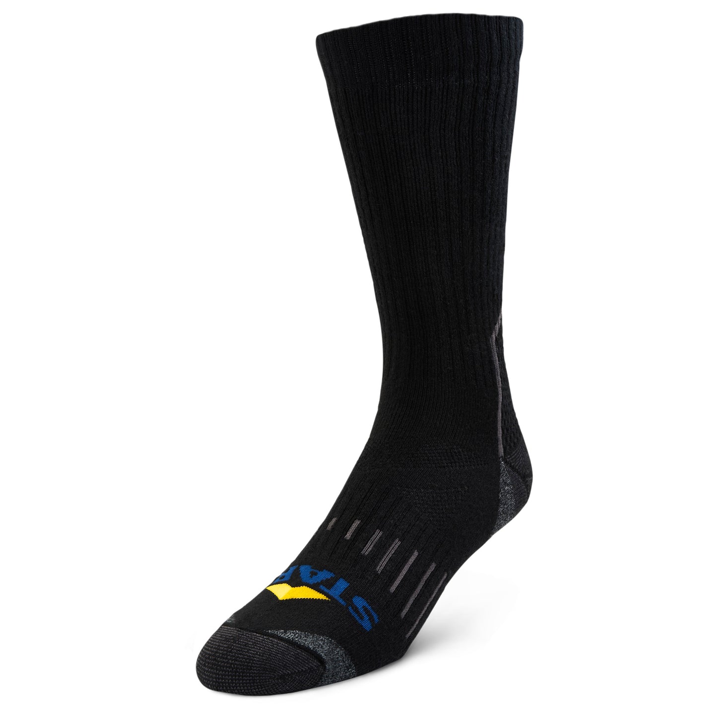 A black sports sock displays logo design against a plain white background.