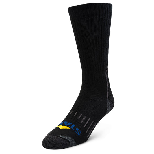 A black sports sock displays logo design against a plain white background.