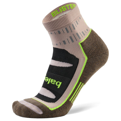 The sock with black, gray, beige, and neon green colors displays branding and is shown on a white background.
