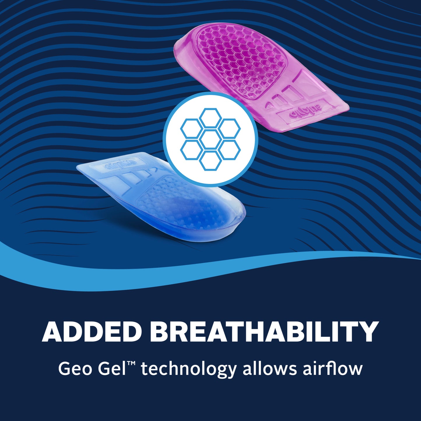 Pink and blue adhesive pads with honeycomb patterns allow airflow using Geo Gel technology.