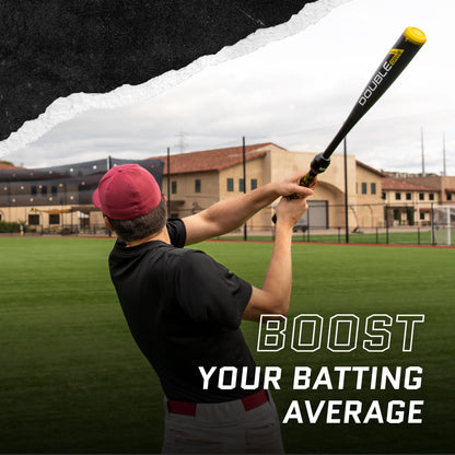 Person swings bat at baseball field with buildings in background promoting improving batting average
