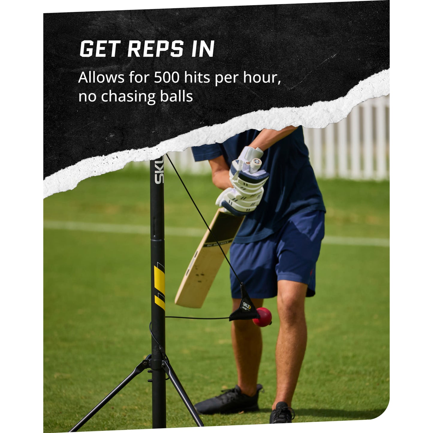 Close-up action shot of male using SKLZ Cricket Bat-a-Way PTS swing trainer at a fields with overlay text highlighting getting reps in