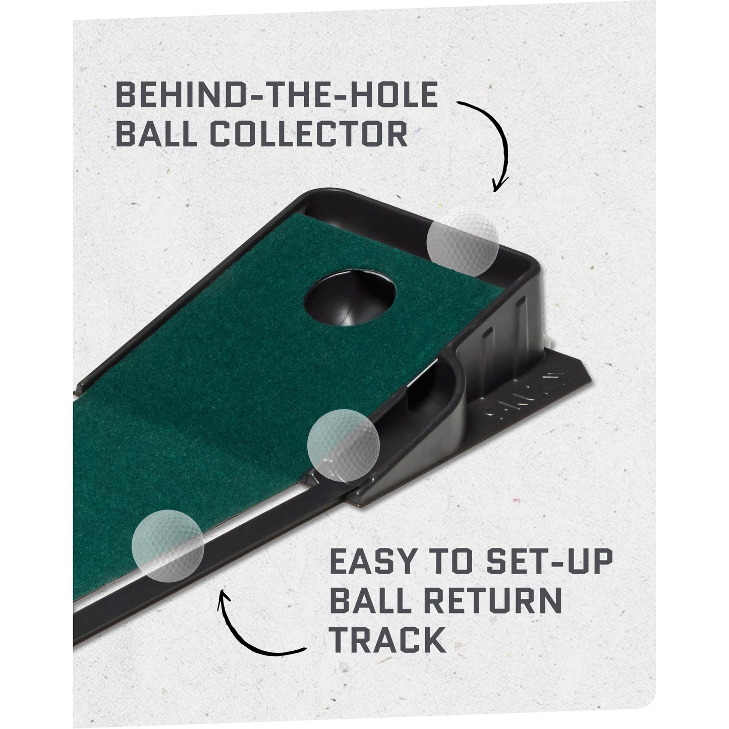 Ball collector captures balls behind hole for easy return on a golf putting mat