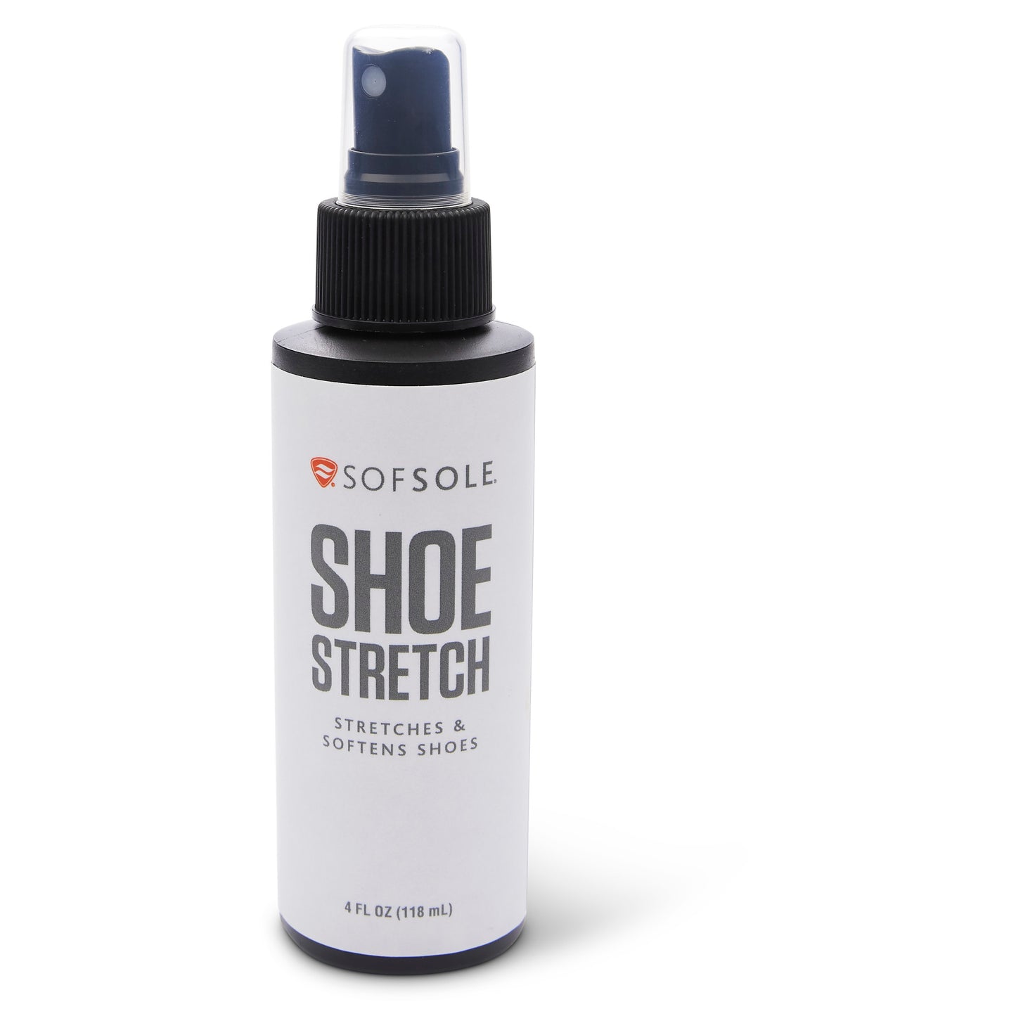 The shoe stretch spray softens shoes in a white bottle with a black cap and spray nozzle.