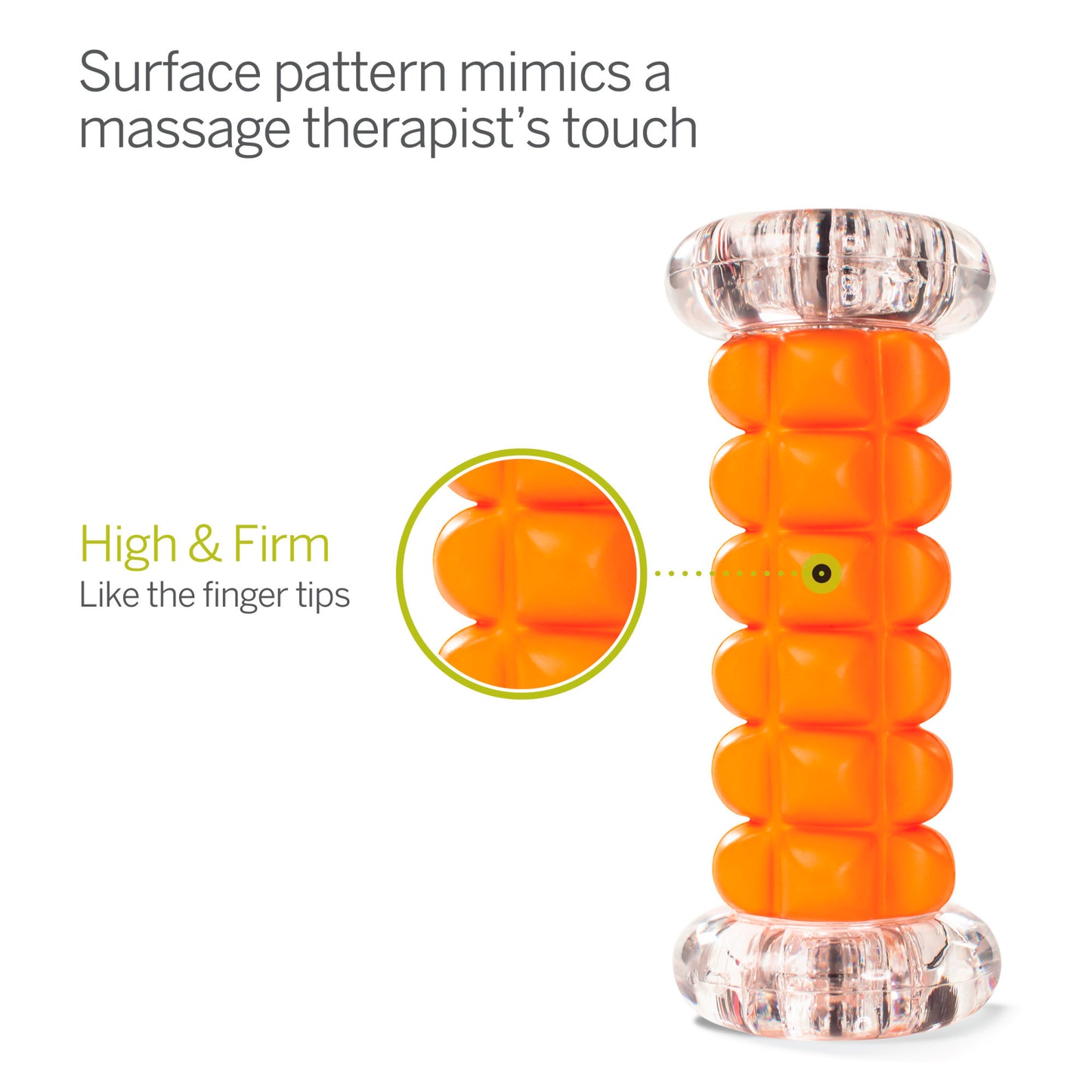 Object: Orange tactile object, action: mimics massage therapists touch, context: surface pattern.