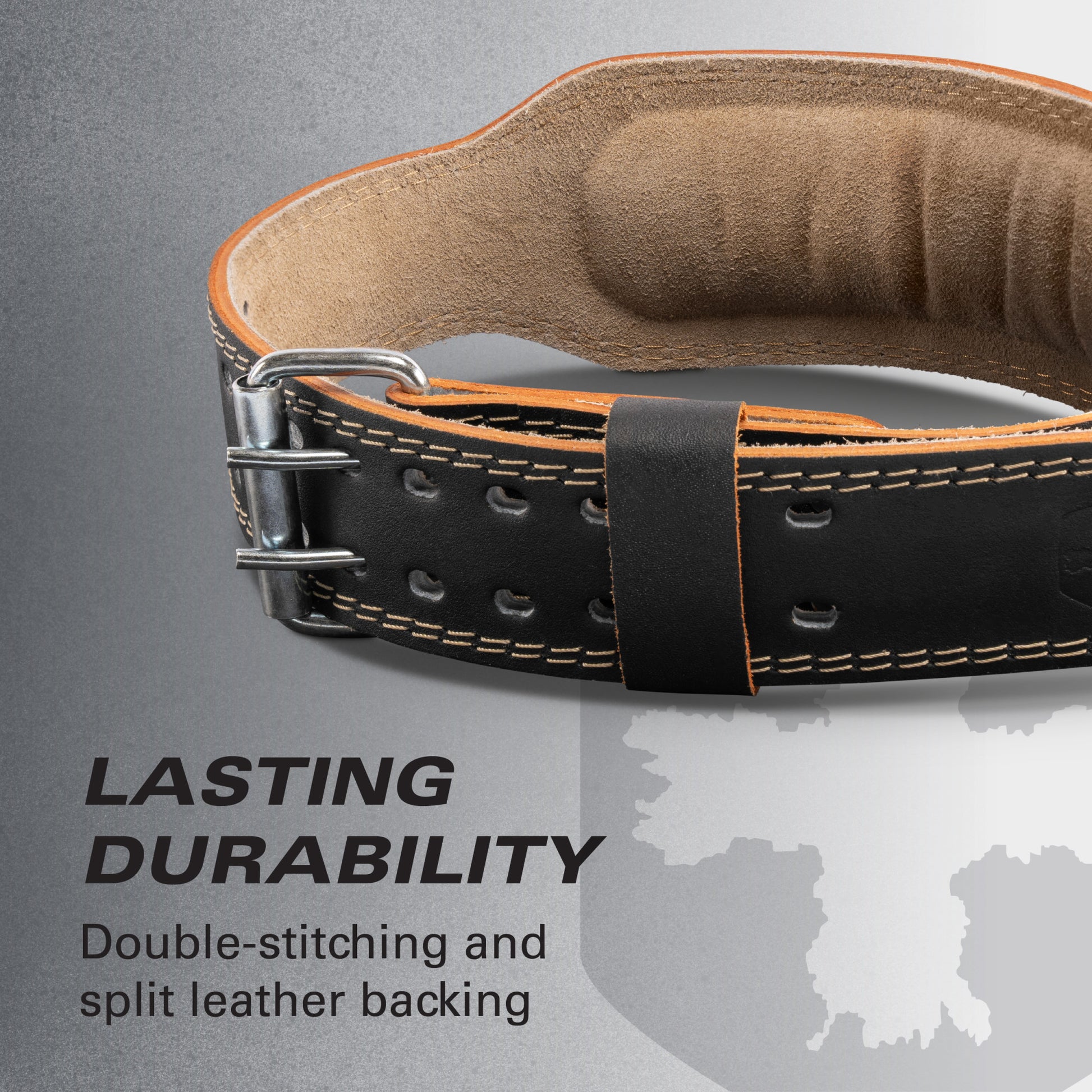 Belt lying flat highlights stitching and buckles on textured surface, emphasizing durability.