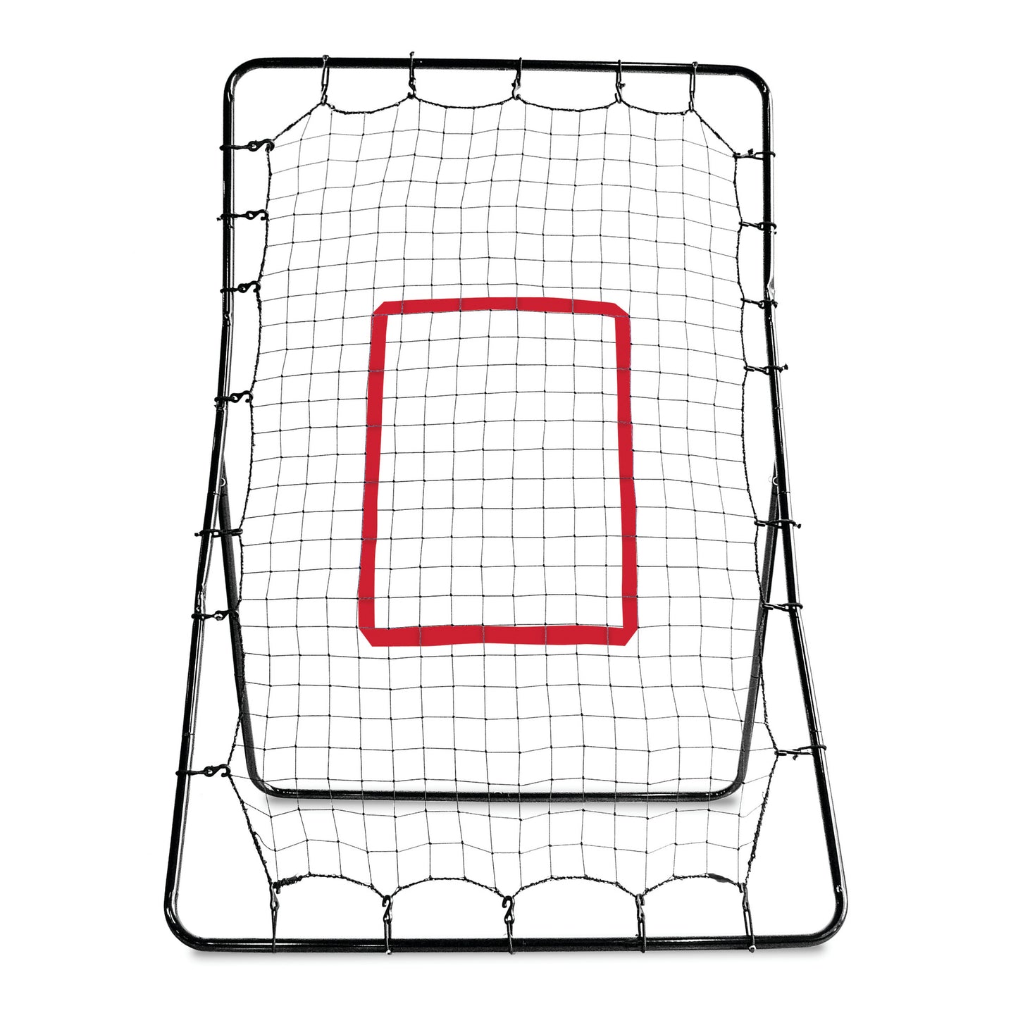 A hockey goal with a red rectangular target in the net indoors.