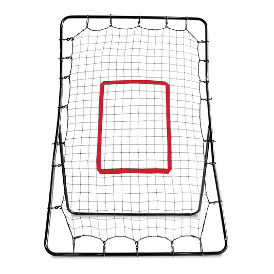 A hockey goal with a red rectangular target in the net indoors.
