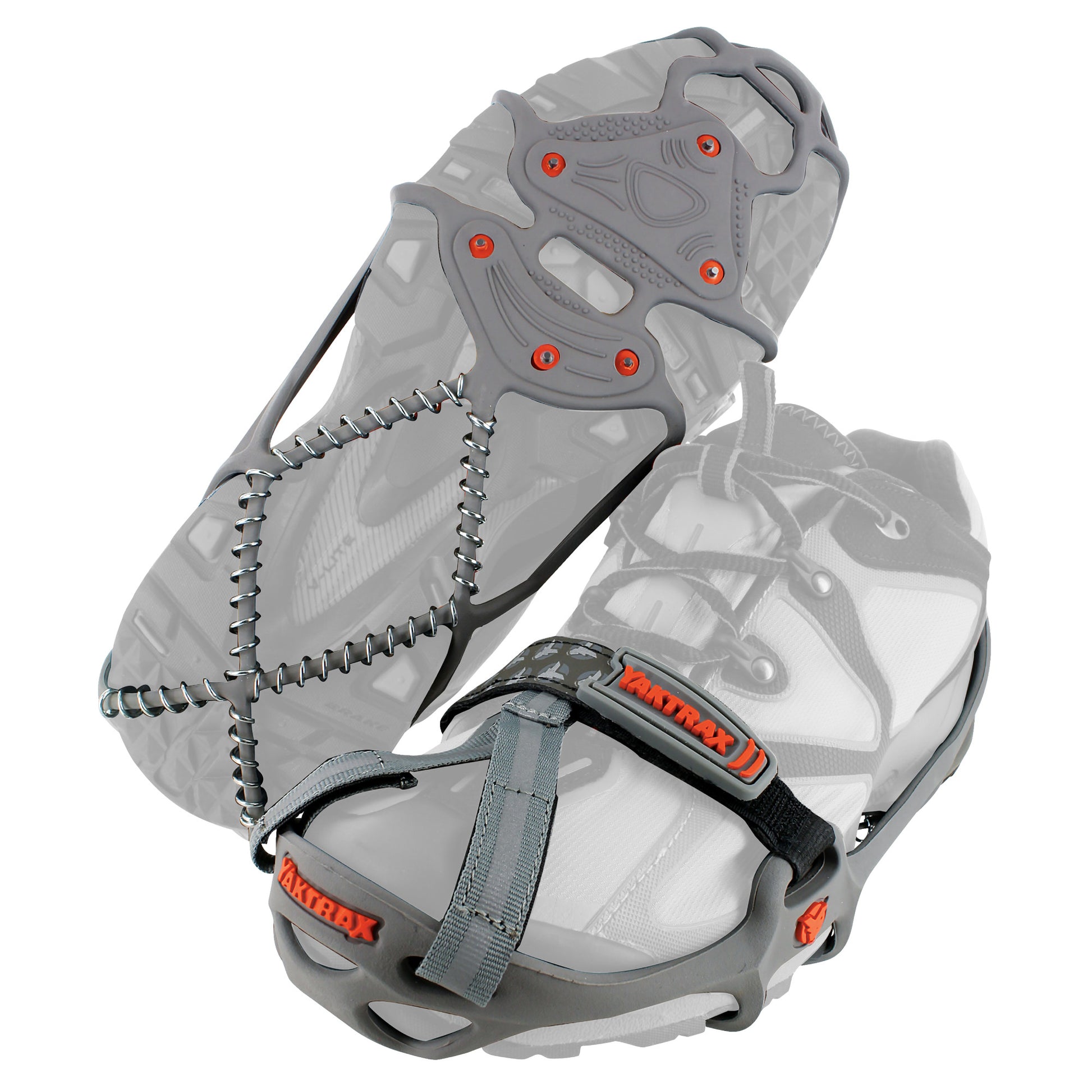 A hiking shoe equipped with an ice traction device for improved grip on ice surfaces.