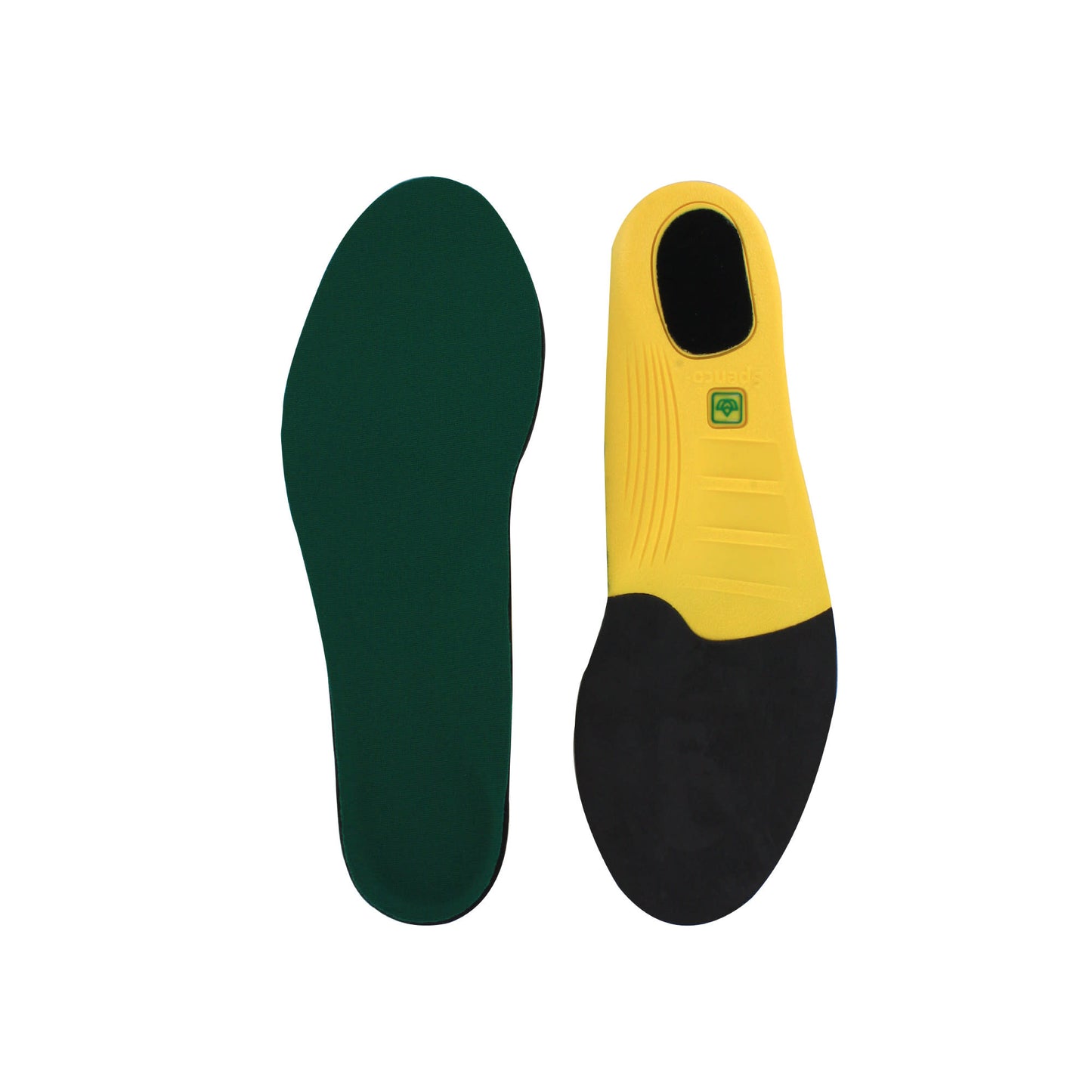 A yellow shoe insert with a black heel area and a green logo, designed for comfort.