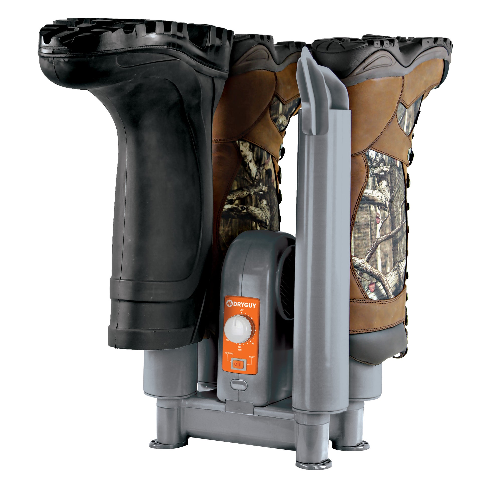 A boot dryer with two footwear slots in a neutral environment dries boots efficiently.