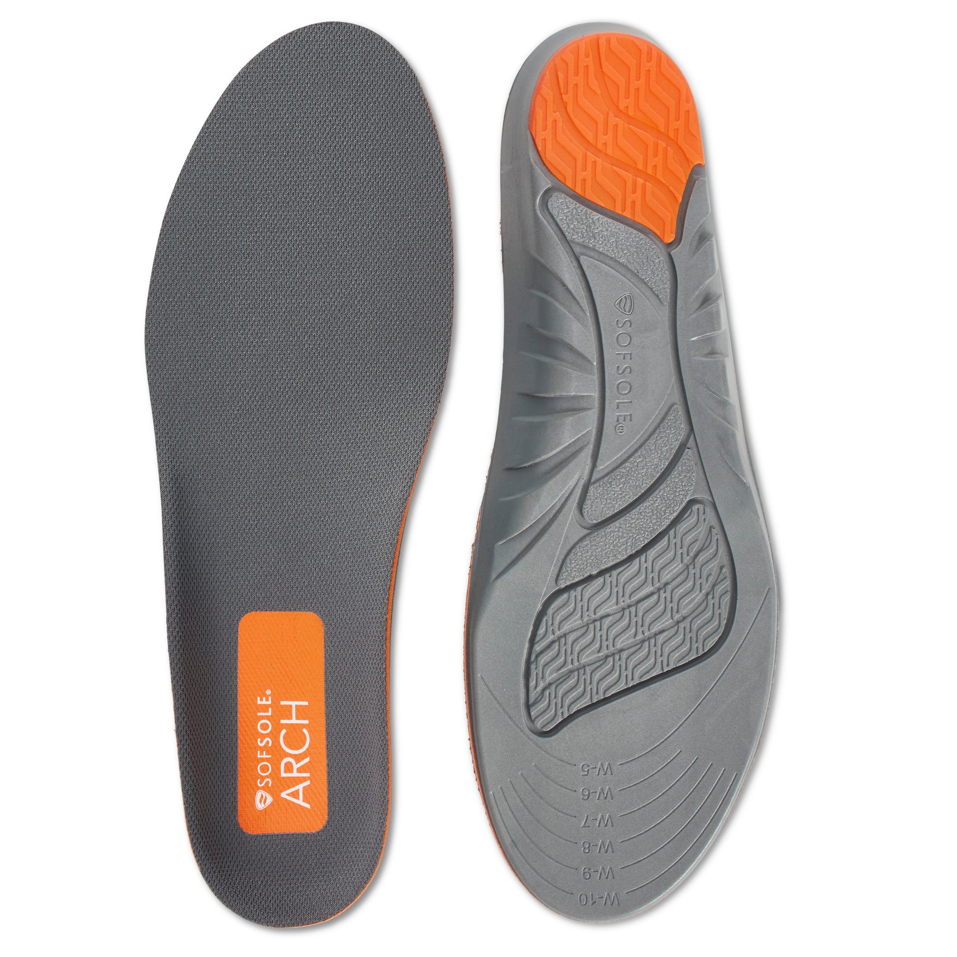 A gray and orange insole with textured surfaces lies flat and upright, designed for shoe comfort.