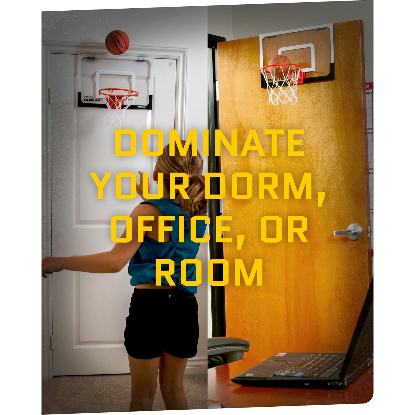 A girl shoots a basketball towards a hoop on a door in a dorm room with a laptop nearby
