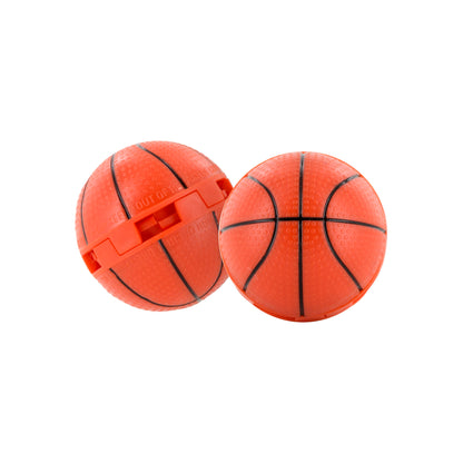 Two basketballs roll on a white background, one with an open zipper revealing a hidden compartment.