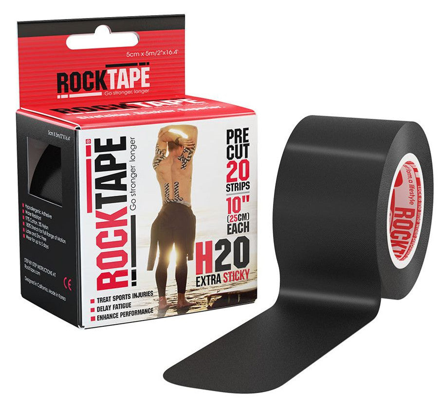 The image shows a roll of black adhesive tape next to its packaging, on a white background.