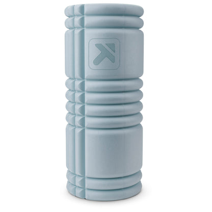 A light blue foam roller rests in a white space.