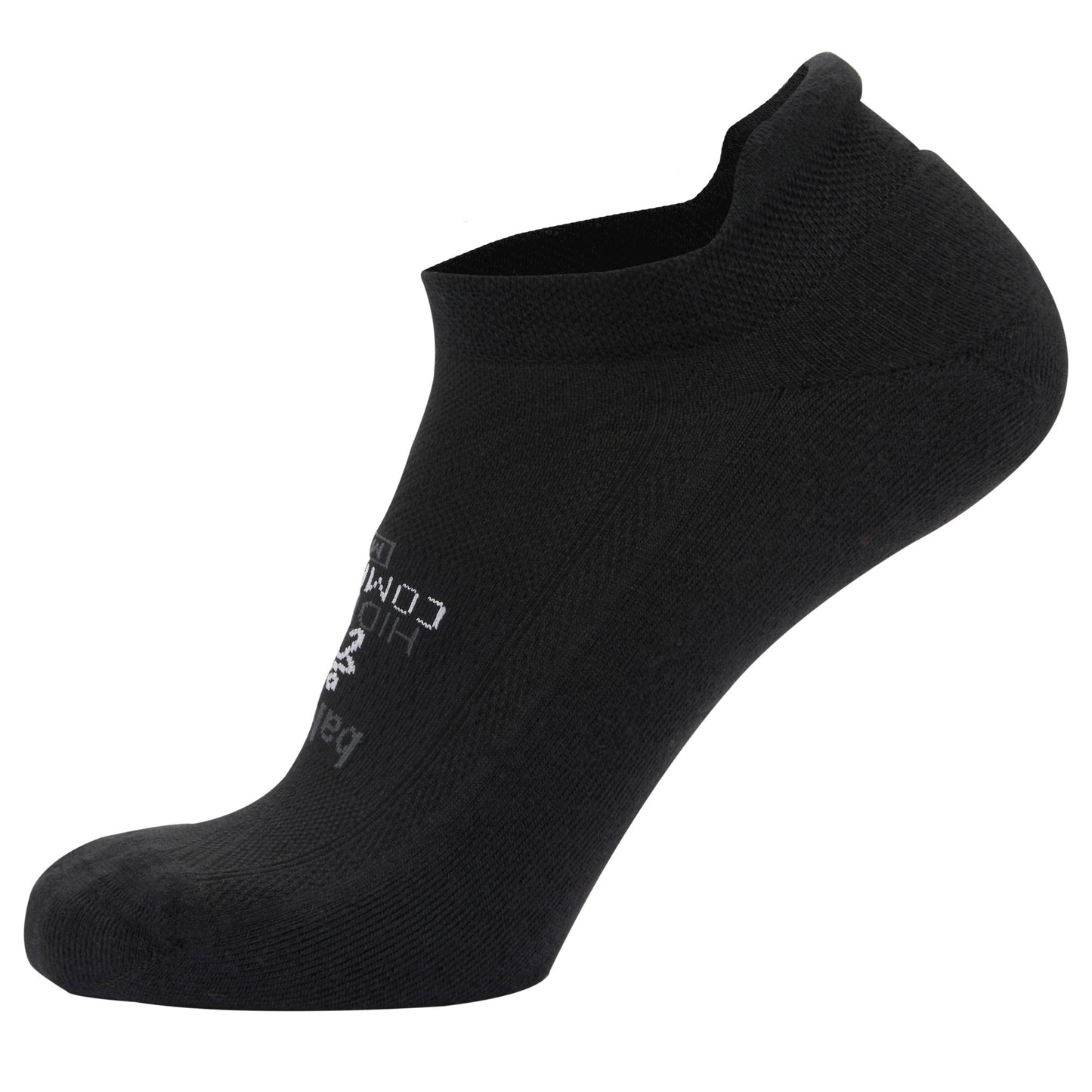 A black athletic sock displays text and is designed for wearing in sports or casual activities