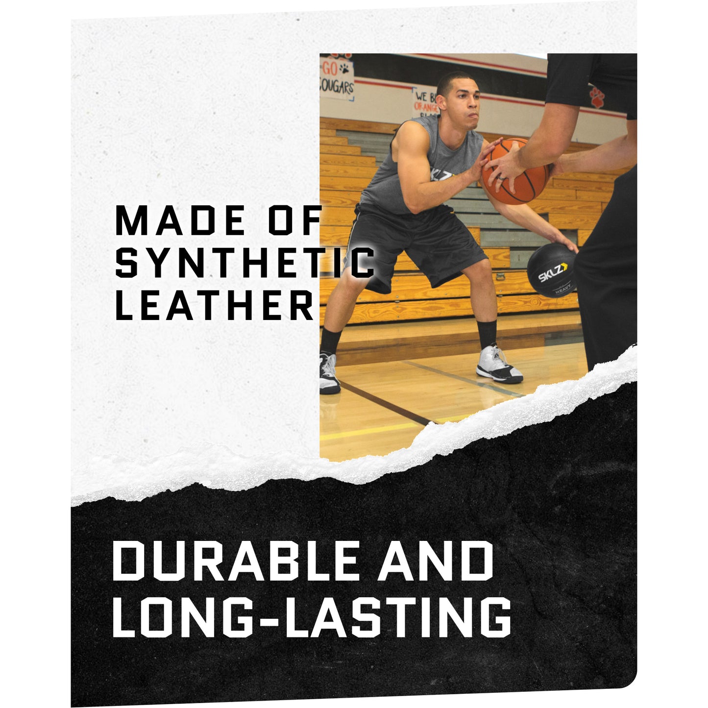 Basketball player dribbling ball on court with coach or opponent holding a ball nearby