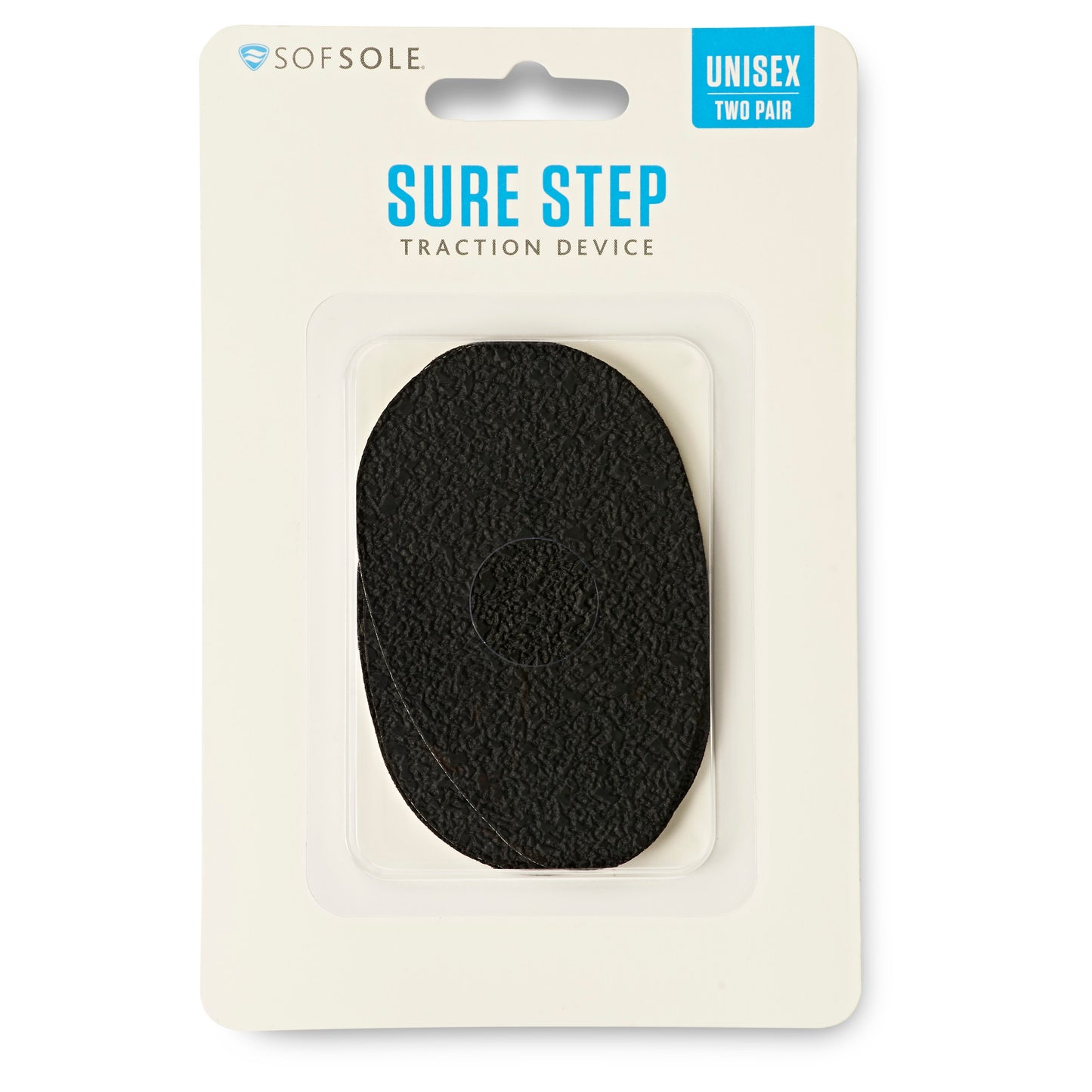 Black traction device attaches to shoes on retail packaging for indoor or outdoor use