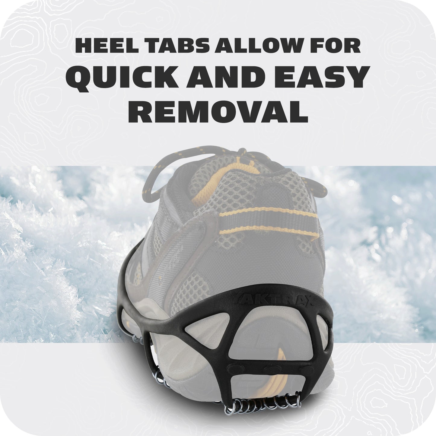 Shoe features heel tabs for quick removal on snowy surface environment