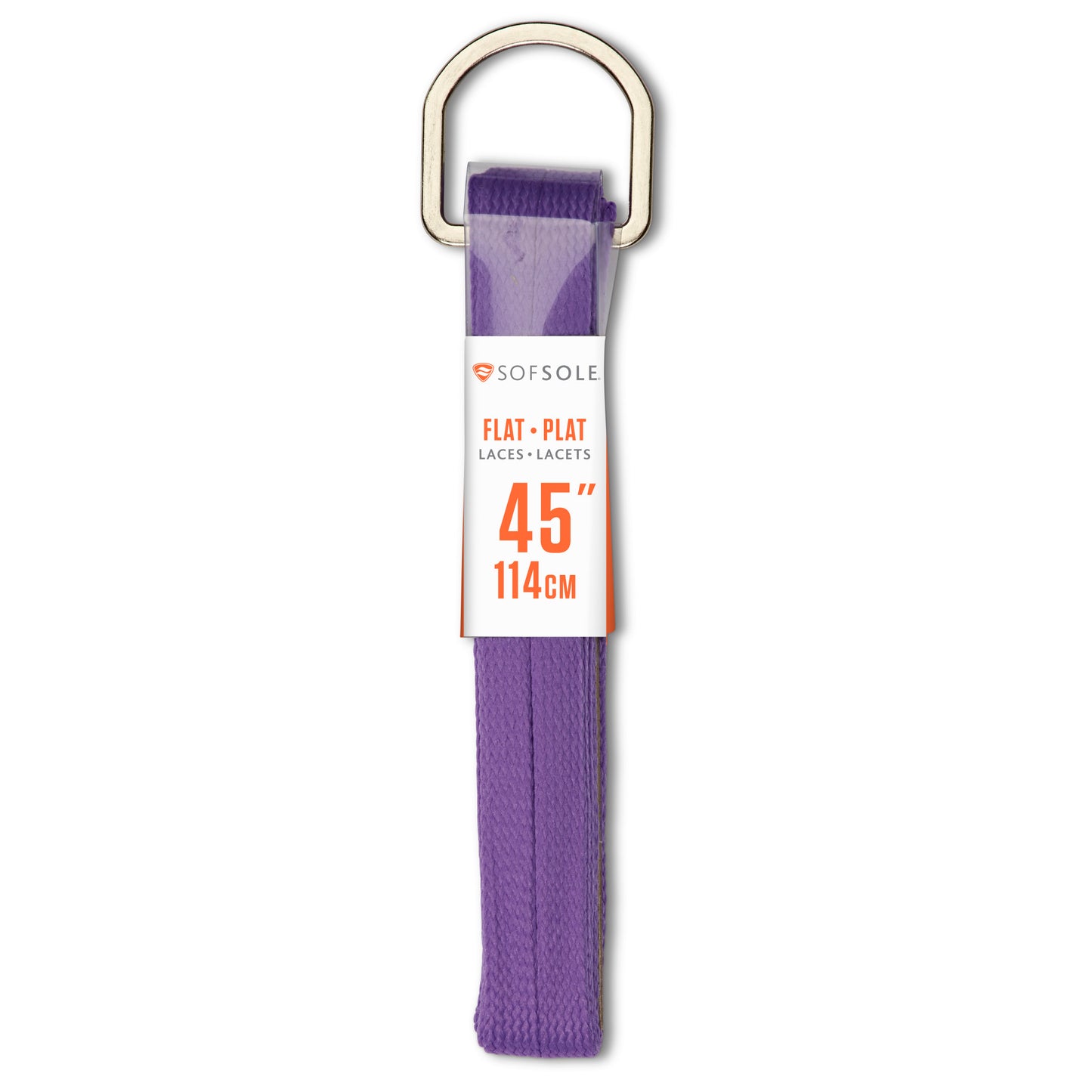 Purple strap with a metal hook for hanging or securing in a closet or storage area.