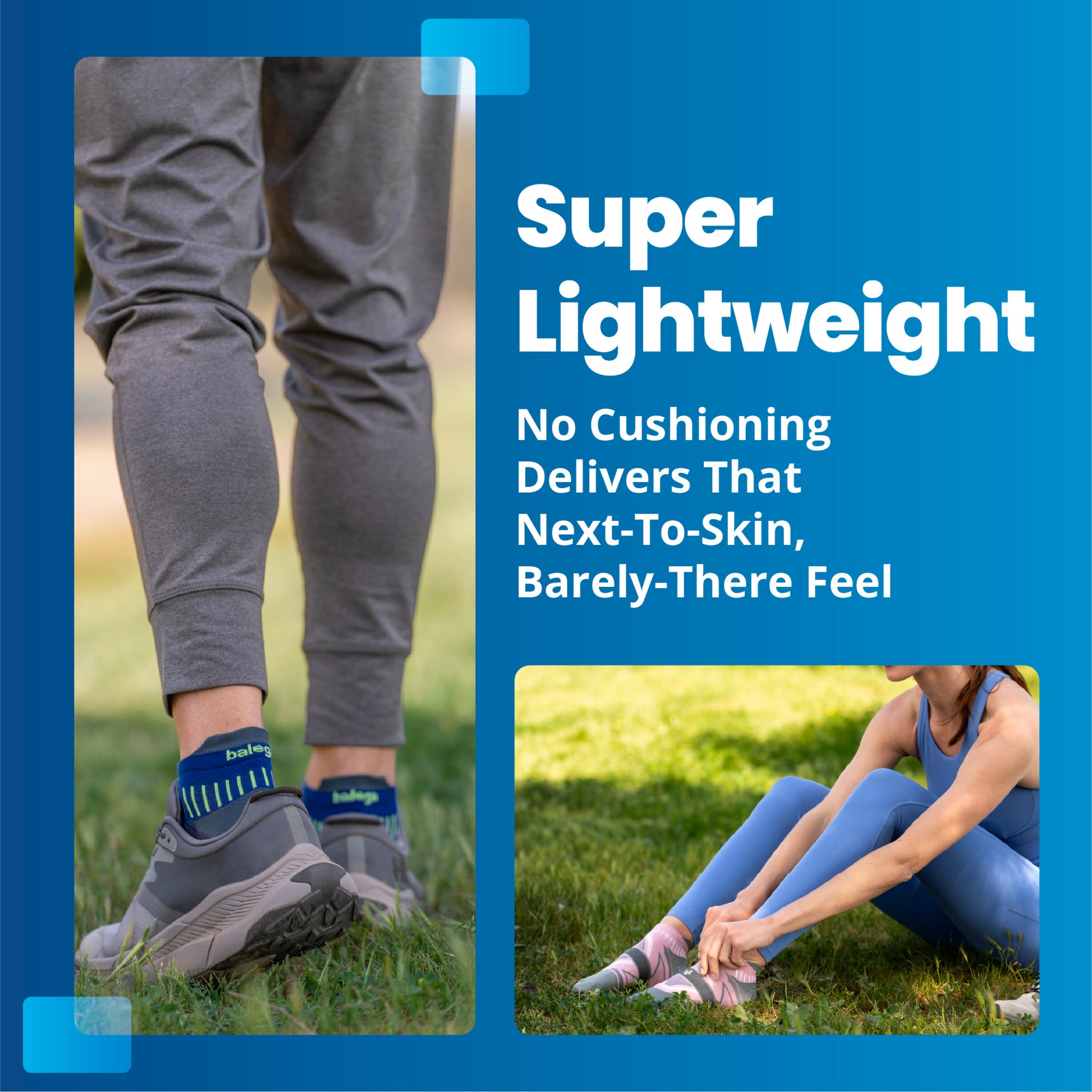 A person standing outdoors wearing lightweight, cushioned shoes and a woman stretching on grass in athletic clothing.