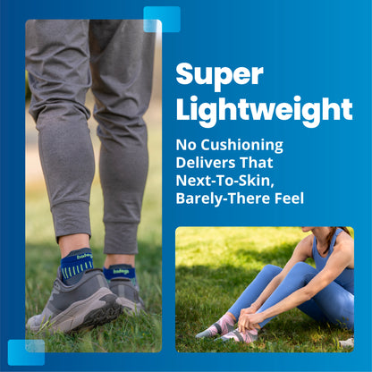 A person standing outdoors wearing lightweight, cushioned shoes and a woman stretching on grass in athletic clothing.