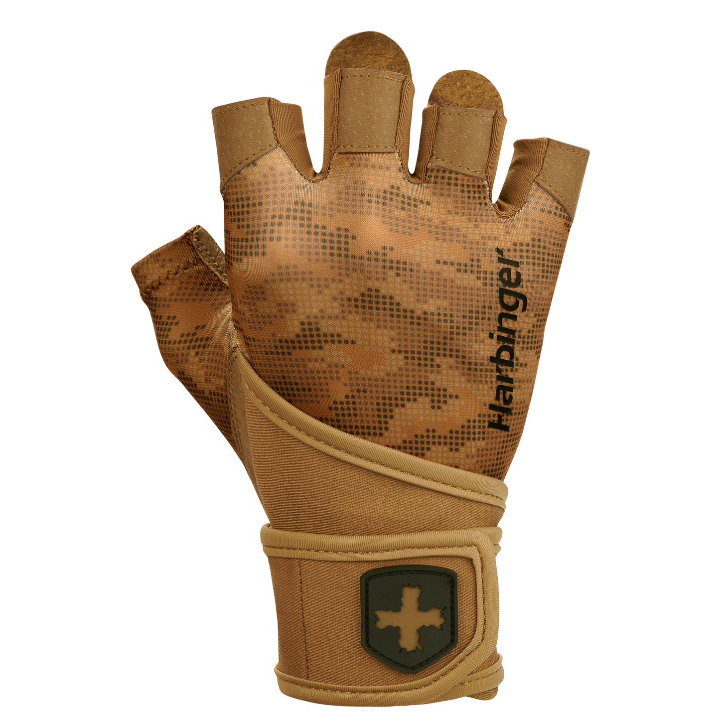 A tan tactical glove with digital camouflage pattern, displayed against a white background.