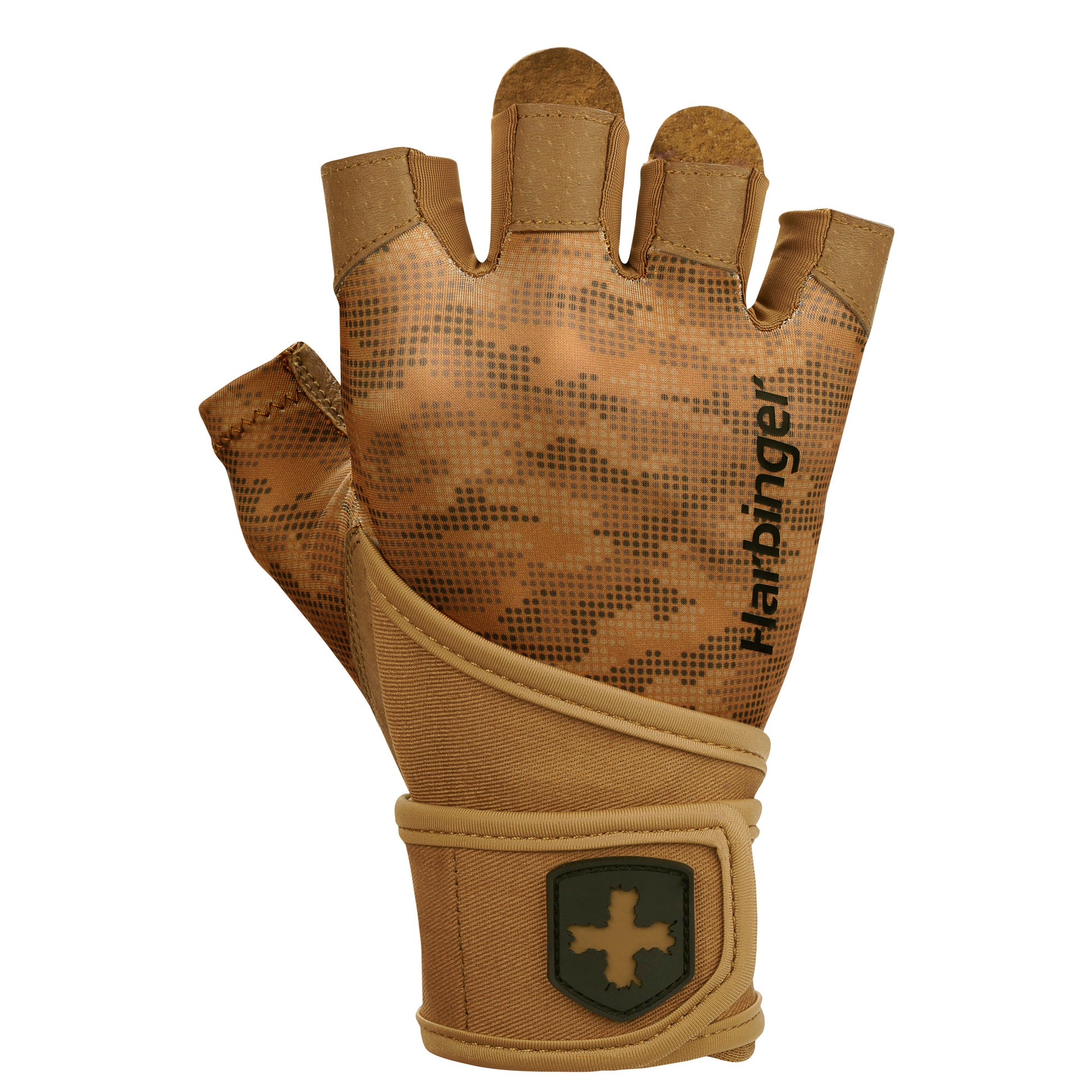 A tan tactical glove with digital camouflage pattern, displayed against a white background.