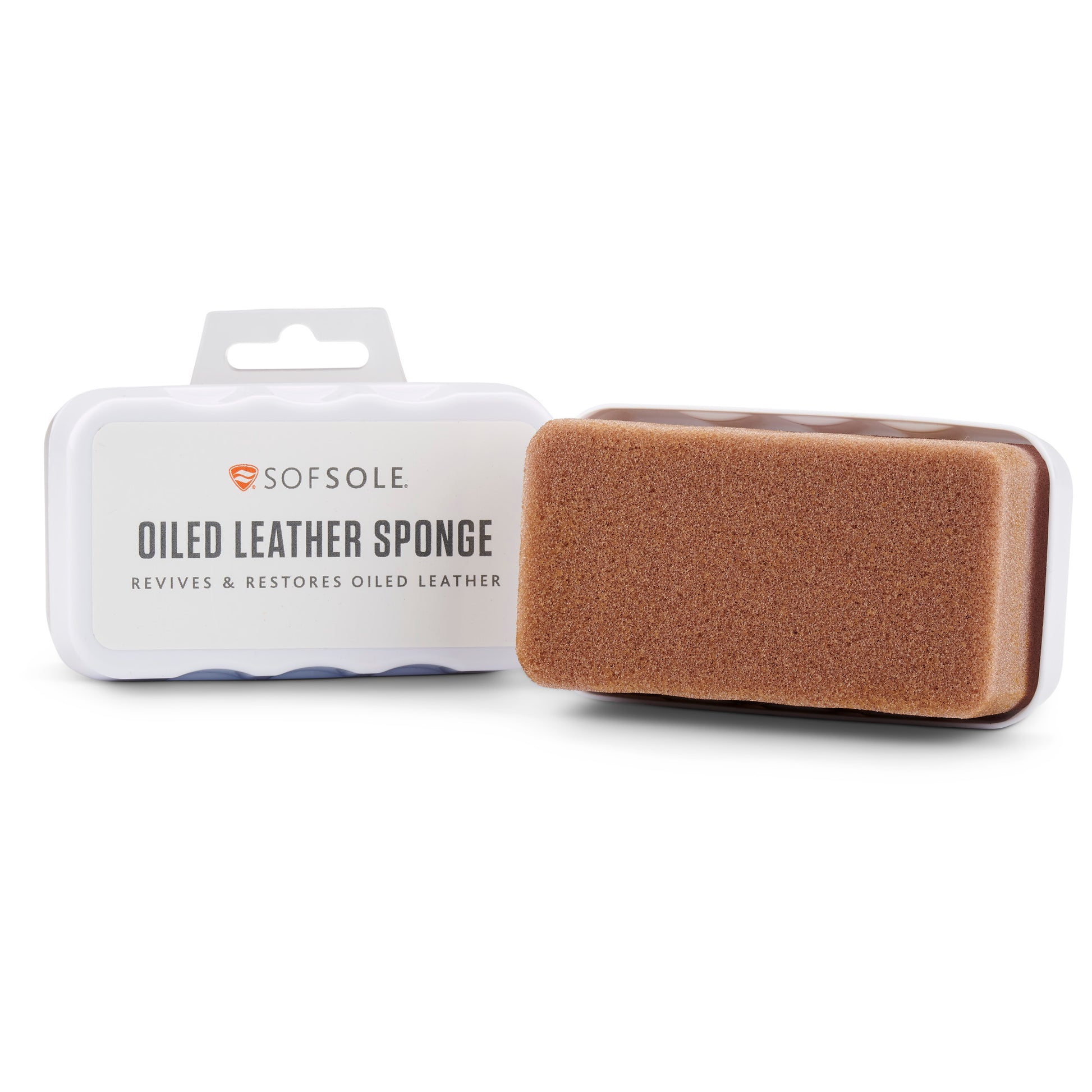 Oiled leather sponge revives and restores leather on a white surface.
