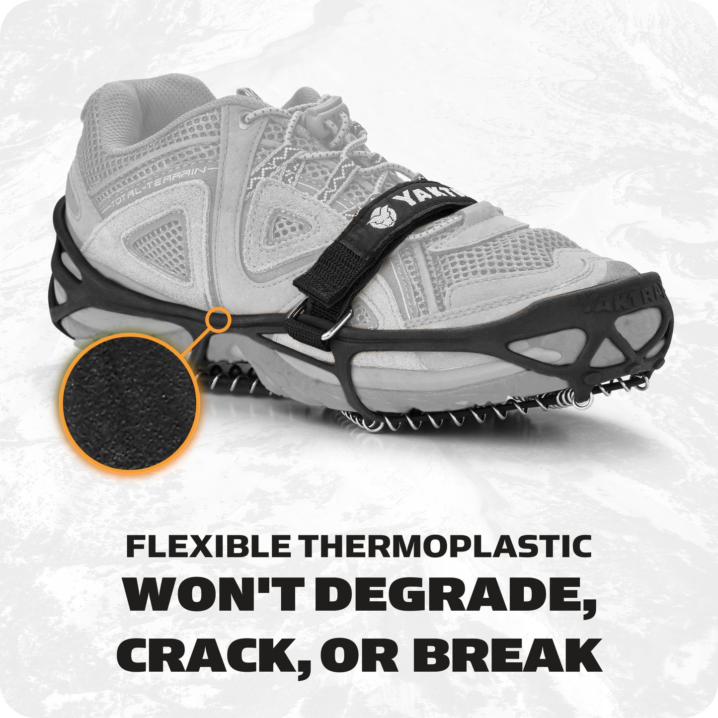 A sneaker with a strap and traction spikes demonstrating flexible thermoplastic won't degrade or crack.