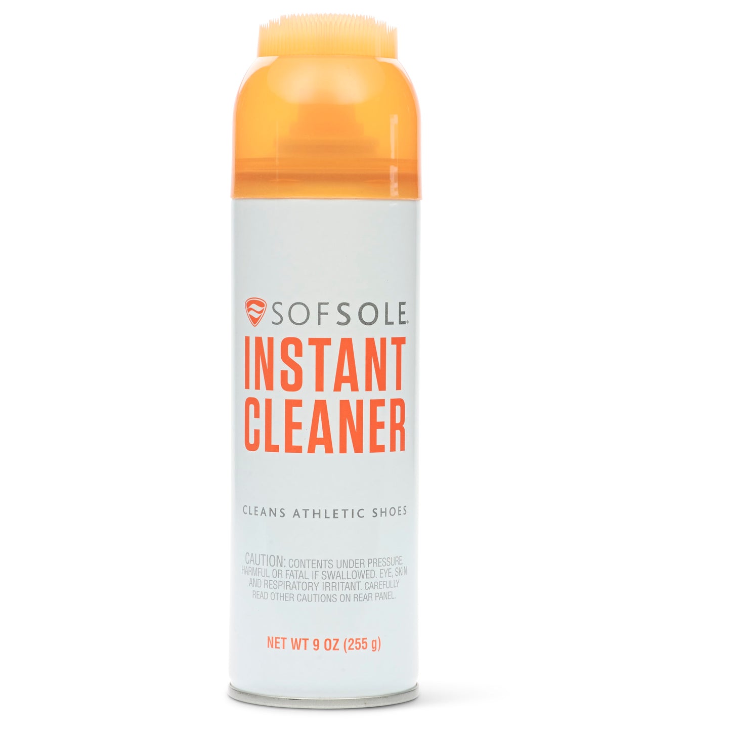 A spray bottle of SOFSOLE INSTANT CLEANER cleans athletic shoes.