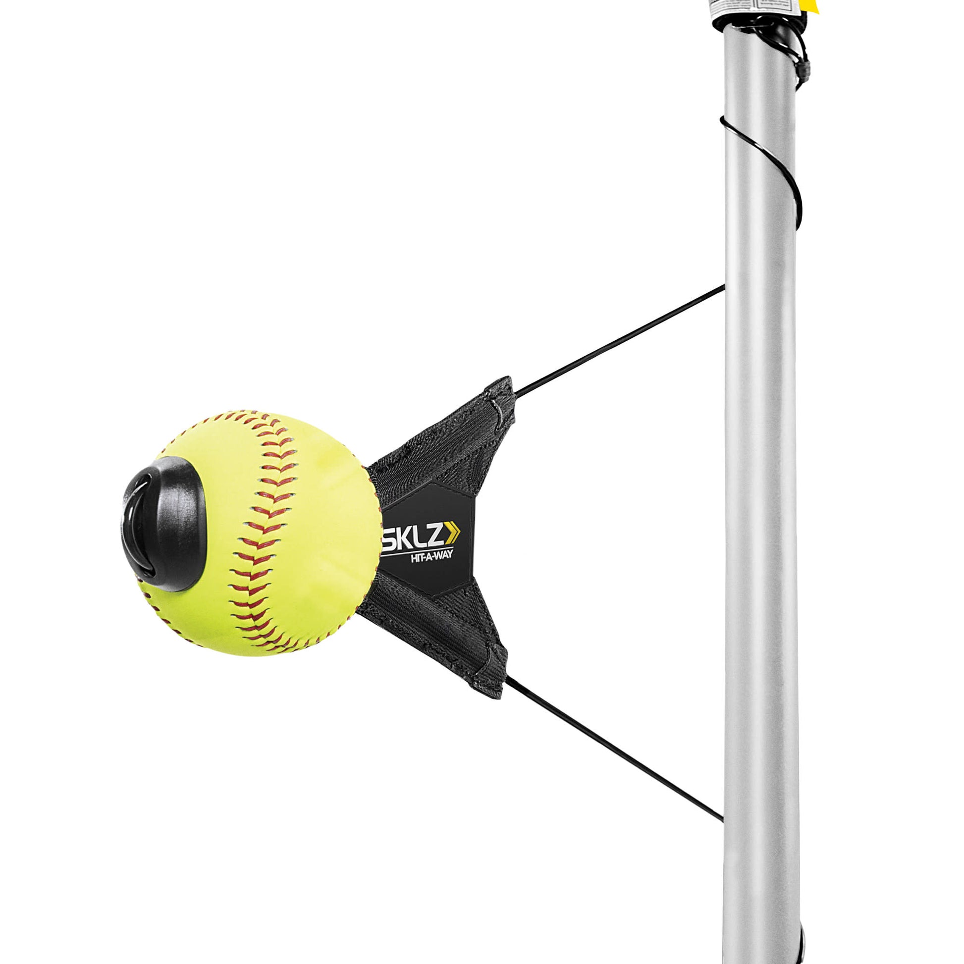 A softball training device attached to a pole for practice in an outdoor setting