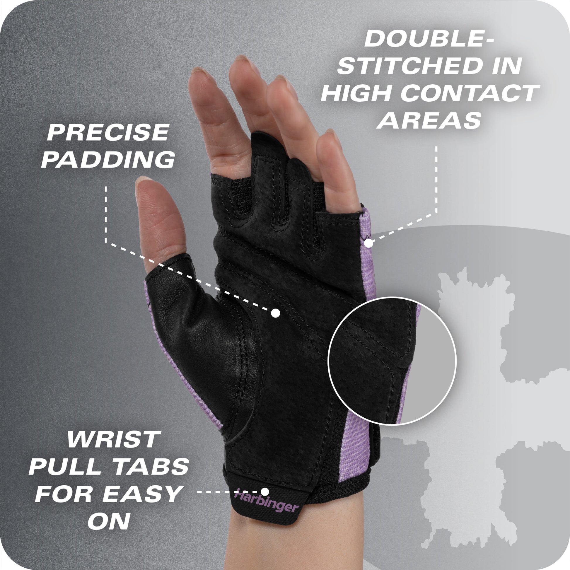 Glove with wrist pull tabs, double-stitched in high contact areas, and precise padding.