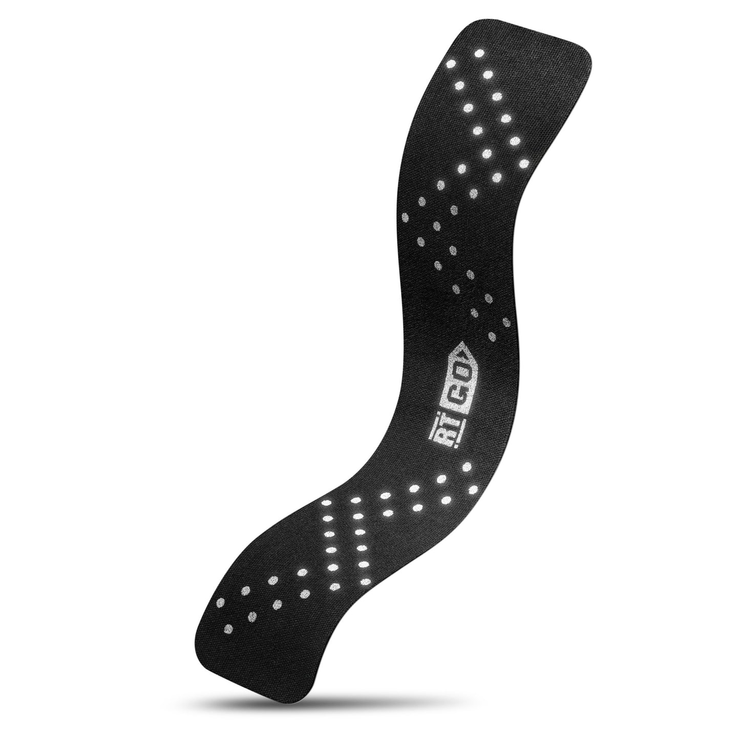 A black silicone heal aid with white reflective dots designed for injury protection in sports.