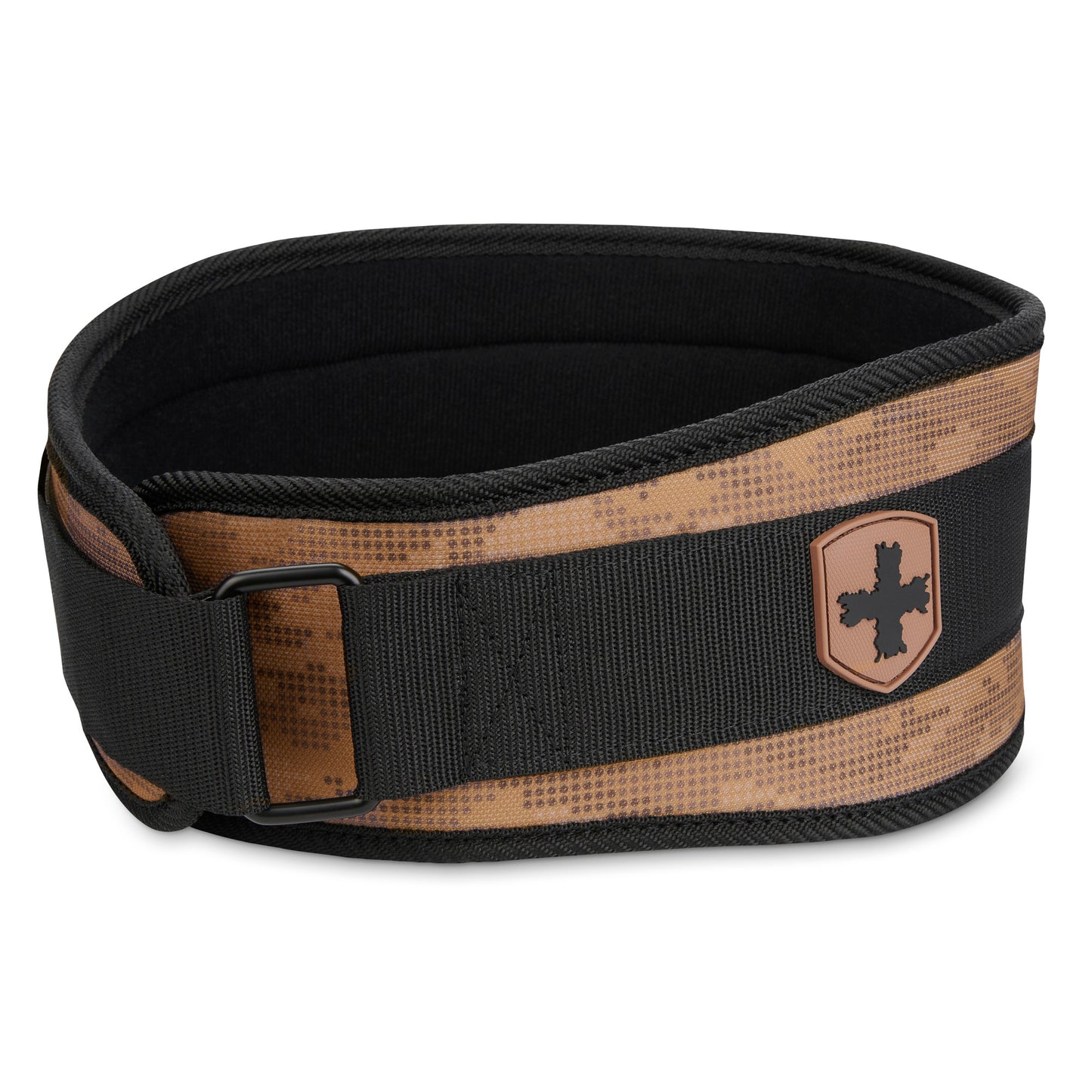 The adjustable belt features a camouflage pattern, a shield logo, and is designed for outdoor use.