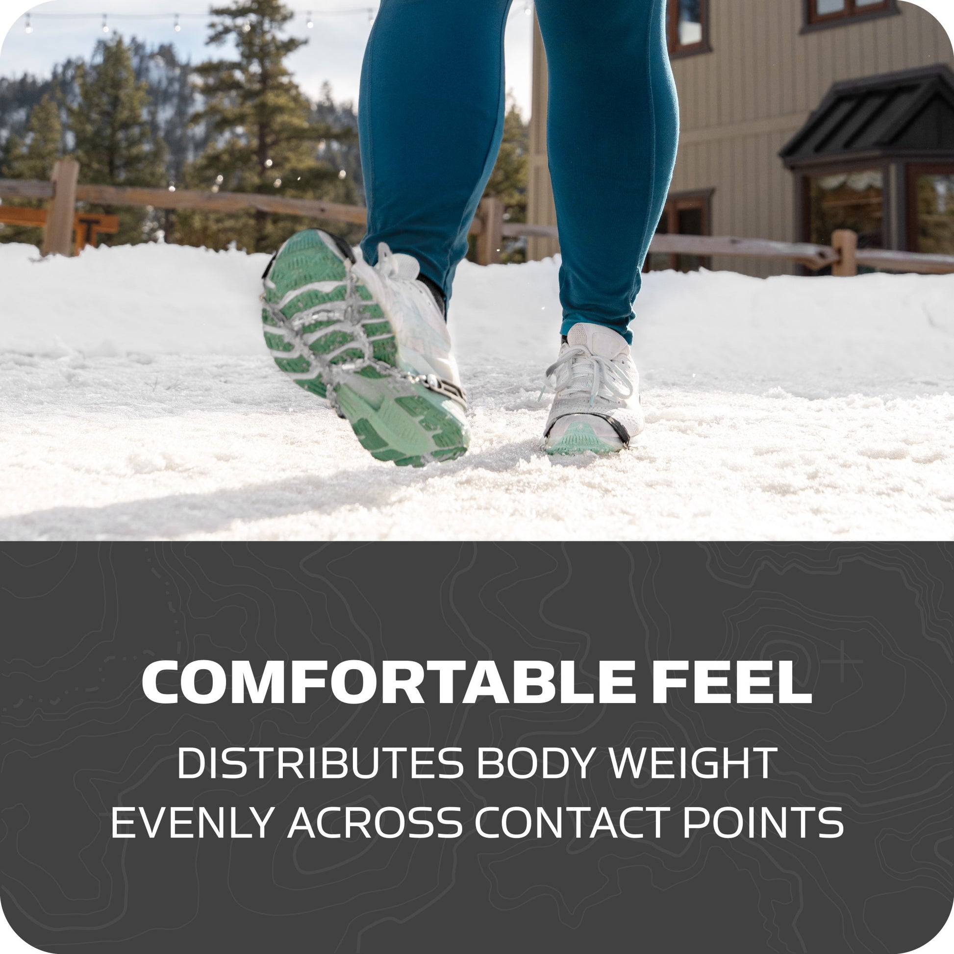 Person walks on snow wearing supportive shoes in an outdoor setting with trees and buildings