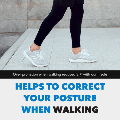 Feet in sneakers walking on pavement, focusing on stride and posture correction.