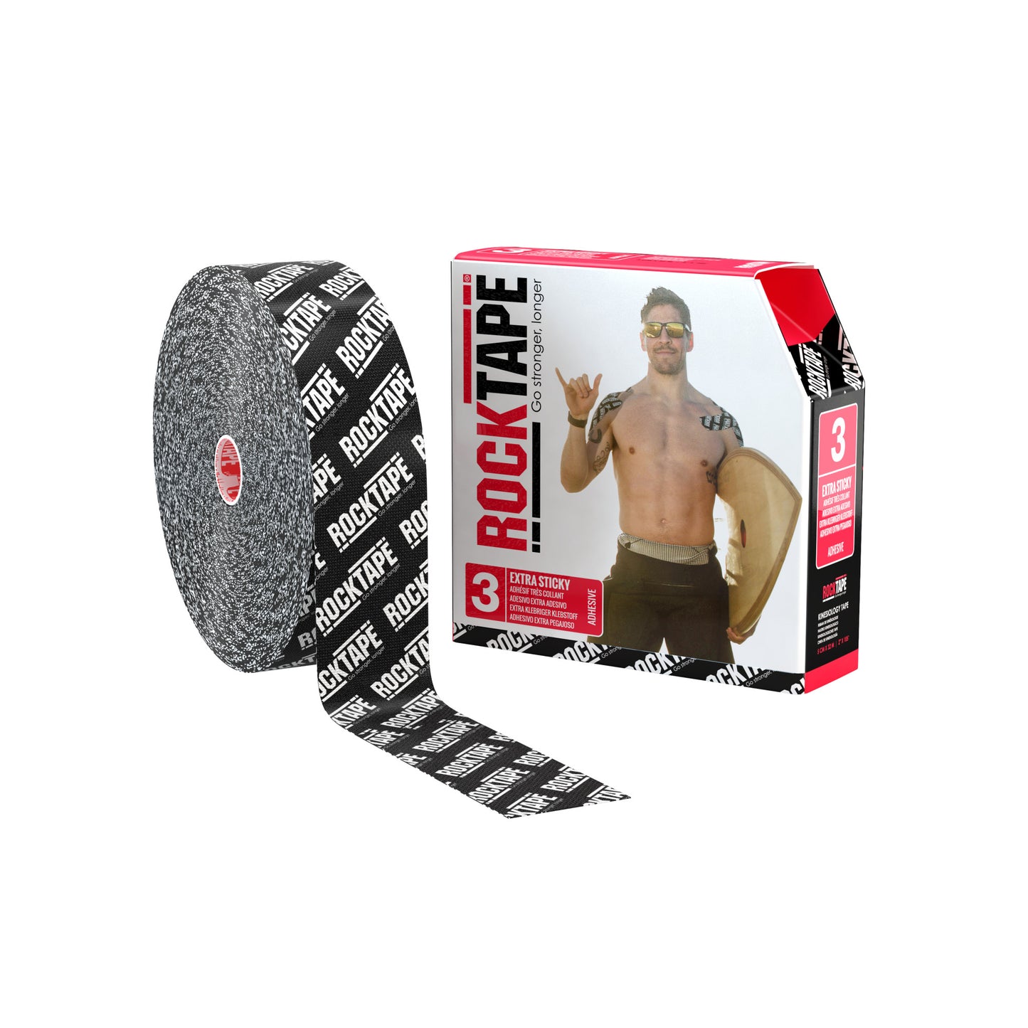 RockTape adhesive tape unwinds from a roll beside its packaging featuring a man with a skateboard.