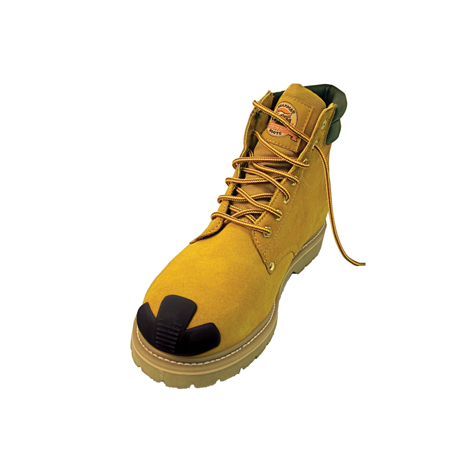 A yellow work boot is displayed alone on a white background