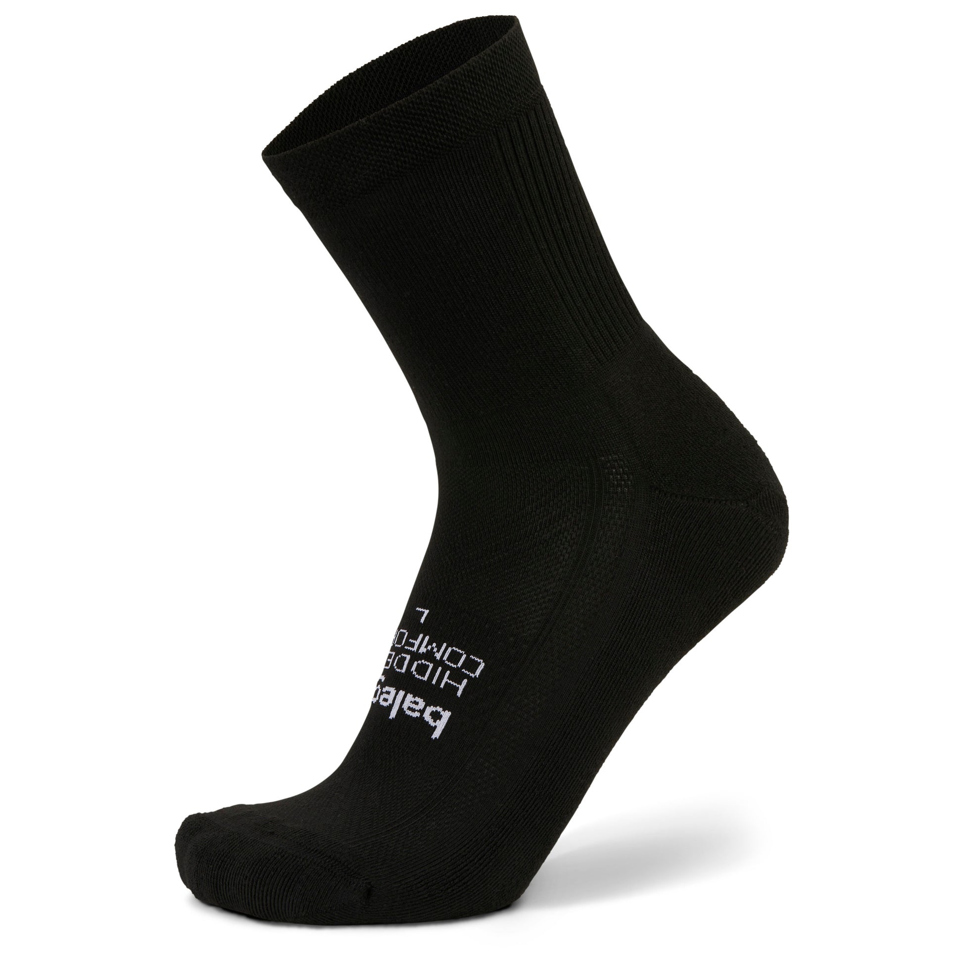 A black athletic sock is displayed isolated on a white background.