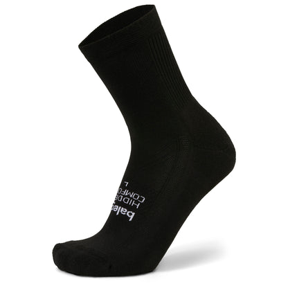 A black athletic sock is displayed isolated on a white background.